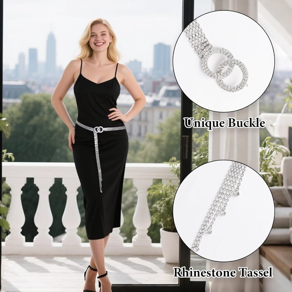 Rhinestone Chain Belt Crystal Waistband Dress Jeans Adjustable Elegant Jewelry - Picture 3 of 7